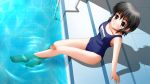  barefoot black_hair blush brown_eyes female ilolamai mizugi pool school_swimsuit short_hair solo swimsuit thigh-highs water wet 