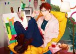  alternate_costume arm_up axis_powers_hetalia basket bespectacled book boots brown_hair chair churro cross cross-laced_footwear cup food glasses green_eyes jacket jewelry lamp male napkin necklace open_book painting pants pillow reading short_hair sitting solo spain_(hetalia) ueda_(atsu) window 
