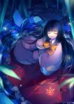 bamboo bamboo_forest bangs black_hair blunt_bangs blurry bowtie closed_eyes depth_of_field fireflies forest houraisan_kaguya japanese_clothes long_hair long_skirt nature night path sheska_xue sitting skirt smile solo touhou very_long_hair water wide_sleeves