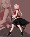  gloves green_eyes haruno_sakura long_hair naruto pink_hair solo twintails 