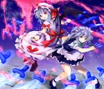  back-to-back bat_wings blue_eyes blue_hair danmaku dress hair_ribbon hat highres izayoi_sakuya knife maid maid_headdress makuwauri multiple_girls outstretched_arms red_eyes remilia_scarlet ribbon silver_hair smile spear_the_gungnir spread_arms throwing_knife touhou weapon wings 