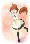  apron armpits arms_up black_legwear brown_hair kneehighs kuuyuu open_mouth ponytail solo sparkle taneshima_popura waitress working!! 