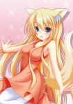  1girl animal_ears blonde_hair blue_eyes blush breasts fox_ears fox_tail kasumi_toshizou open_mouth original smile solo tail takataka thighhighs 