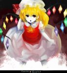  :o adjusting_hair ascot blonde_hair bow fangs flandre_scarlet hat hat_bow letterboxed open_mouth pale_skin red_eyes sevten_(ashkeroth) short_hair short_sleeves side_ponytail slit_pupils solo the_embodiment_of_scarlet_devil touhou wings 