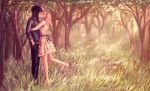  bird black_hair branches butterfly couple dress duo forest grass hairband haruno_sakura hug jacket kiss naruto nature pants pink_hair short_hair spiky_hair tree uchiha_sasuke 