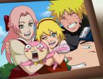  animal blonde_hair green_eyes group hairband happy haruno_sakura jinchuuriki long_hair naruto pink_hair short_hair smile uzumaki_naruto wink 