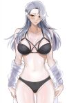  1girl ass_visible_through_thighs black_bra black_panties blush bow bow_panties bra breasts breasts_apart dress_shirt grey_hair hair_over_one_eye highres large_breasts looking_at_viewer navel niijima_sae no_pants off_shoulder panties persona persona_5 red_eyes shirt skindentation solo thighs tommy_(kingdukeee) underwear white_background white_shirt 