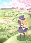  aro_s back bamboo_broom black_dress blonde_hair boots broom cherry_blossoms cloud dress farm field from_behind hat kirisame_marisa long_hair nature rice_paddy scenery sky standing touhou tree witch witch_hat 