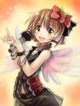 bangle bow bracelet brown_eyes brown_hair collar edobox hagiwara_yukiho hair_bow idolmaster jewelry leather_jacket microphone necklace open_mouth short_hair singing skirt sleeveless solo spiked_bracelet spikes star wings wristband 