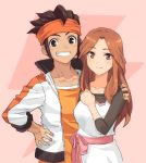  1girl brown_eyes brown_hair couple endou_mamoru grin headband inazuma_eleven inazuma_eleven_(series) inazuma_eleven_go jewelry long_hair raimon_natsumi ring short_hair shue smile wedding_band 