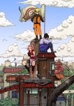  bandana birds black_hair blonde_hair boots clouds flag gloves group hairband haruno_sakura hatake_kakashi japanese_clothes kimono naruto pink_hair short_hair skirt sky spiky_hair top uchiha_sasuke uzumaki_naruto white_hair 