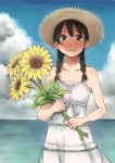  black_hair braid brown_eyes cloud collarbone dress flower hat original shishio_(artist) solo straw_hat sundress sunflower twin_braids 