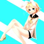  adapted_costume ascot bare_legs blonde_hair blue_eyes blush fishnet_legwear fishnet_stockings fishnets full_body hair_ornament hair_ribbon hairclip kagamine_rin lips ribbon short_hair simple_background sitting smile solo striped striped_background thighhighs v_arms vocaloid yutazou 