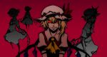  arlmuffin blonde_hair clone dark_persona dual_persona flandre_scarlet foreshortening four_of_a_kind_(touhou) glowing glowing_eyes hat multiple_girls red_eyes short_hair side_ponytail simple_background smirk spell_card touhou wings 