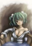  bare_shoulders breasts bucket cleavage edwardkey girl_in_bucket green_eyes green_hair hair_bobbles hair_ornament in_bucket in_container japanese_clothes kisume large_breasts off_shoulder short_hair short_twintails touhou twintails water 