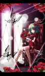  alternate_costume alternate_hairstyle bad_id blush bouquet butterfly chair dress fishnets flower gloves green_eyes green_hair hair_ribbon kagiyama_hina kurume_shou leg_ribbon letterboxed minidress red_dress red_rose ribbon rose sitting smile solo stilettos touhou white_gloves window 