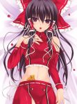  alternate_costume bare_shoulders black_hair bow breasts cherry detached_sleeves food fruit hair_bow hakurei_reimu halter_top halterneck hand_on_chest hand_on_own_chest hand_to_chest iroha_(unyun) long_hair lowres midriff miko mouth_hold nail_polish navel ofuda on_back payot red_eyes ribbon solo taut_shirt touhou 