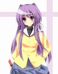  blush clannad fujibayashi_kyou hair_ribbon izumizaka_ryou long_hair looking_at_viewer purple_eyes purple_hair ribbon school_uniform simple_background smile violet_eyes 