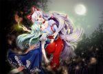  blue_dress bow choker crescent_moon dress floating forest fujiwara_no_mokou full_moon hair_bow heart kamishirasawa_keine long_hair moon multicolored_hair multiple_girls nature night no_hat no_headwear petticoat silver_hair touhou uruhan_2gou_(ultrajonas) very_long_hair 