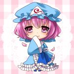  cherry_blossoms chibi covering covering_face covering_mouth hat japanese_clothes momojiri_aya pink_eyes pink_hair plaid plaid_background saigyouji_yuyuko smile solo touhou triangular_headpiece 