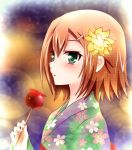  baka_to_test_to_shoukanjuu blush brown_hair candy_apple crossdressinging flower green_eyes hair_flower hair_ornament hairclip japanese_clothes kimono kinoshita_hideyoshi male pp_(ki20rupi3) short_hair solo trap 