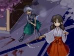  alternate_costume black_hair cherry_blossoms fighting_stance gohei hair_tubes hakurei_reimu japanese_clothes katana konpaku_youmu maku_(artist) miko multiple_girls pointing sandals shide short_hair sword touhou weapon white_hair 