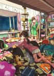  bag ball barefoot basketball bed book brown_eyes brown_hair bunk_bed cat hair_ornament hairclip heart hoodie igarashi_youhei ladder long_hair lying multiple_girls on_stomach original paw_print pocky roomscape stuffed_animal stuffed_toy teddy_bear towel towel_on_head wink 