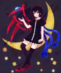  asymmetrical_wings black_hair black_legwear crescent_moon dress grin houjuu_nue lips moon red_eyes shoes smile solo star thigh-highs thighhighs touhou ufo wings yujup 