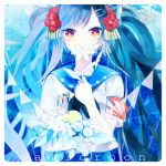  blue_hair bouquet flower food fruit hair_flower hair_ornament hairpin holding holding_flower hoo long_hair medal original red_eyes sailor sailor_outfit sailorbon smelling_flower solo twintails 