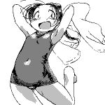  arms_behind_head blush dithering jumping lowres monochrome oekaki one-piece_swimsuit open_mouth school_swimsuit simple_background swimsuit 