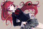  absurdres blush cul headphones highres light_smile long_hair microphone minato_(shouno) plaid plaid_skirt pleated_skirt ponytail red_eyes red_hair redhead simple_background skirt solo very_long_hair vocaloid 