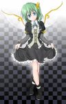  alternate_costume blue_eyes boots brooch checkered checkered_background crossed_legs_(standing) curtsey daiyousei ebi_senbei frills green_hair hair_ribbon head_tilt highres jewelry ribbon side_ponytail skirt smile solo standing touhou 