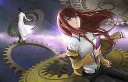  brown_hair cellphone cross_akiha gears jacket labcoat legwear_under_shorts long_hair makise_kurisu necktie okabe_rintarou pantyhose phone purple_eyes shorts sky star_(sky) starry_sky steins;gate violet_eyes 