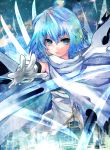  afraco belt blue_eyes blue_hair cape foreshortening gloves highres magical_girl mahou_shoujo_madoka_magica miki_sayaka open_mouth outstretched_arm outstretched_hand solo torn_clothes 