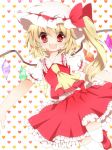  ascot blonde_hair blush flandre_scarlet hat highres open_mouth red_eyes saibi shoes short_hair side_ponytail skirt smile solo the_embodiment_of_scarlet_devil thigh-highs thighhighs touhou white_legwear wings 