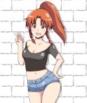  1girl alternate_eye_color alternate_hairstyle bare_shoulders braid breasts brick_wall casual cleavage contemporary denim denim_shorts female hand_on_hip hips hong_meiling open_mouth orange_eyes orange_hair ponytail red_eyes red_hair short_shorts shorts smile solo thigh_gap thighs touhou tsukigi twin_braids 