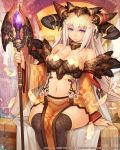  1girl bare_shoulders black_legwear breasts cleavage feathers horns large_breasts long_hair looking_at_viewer midriff navel original seikon_no_arcana shigatake sitting solo staff tattoo thigh-highs violet_eyes white_hair 