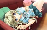  barefoot blonde_hair blue_eyes couch dress_shirt hand_on_own_chest hand_to_chest long_hair looking_at_viewer lying neck_ribbon on_back original pillow ribbon ryoumoto_ken shirt skirt solo striped striped_shirt 