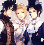  akiyoshi_haru black_hair blonde_hair blue_eyes blue_hair brown_eyes cravat crescendo_(trusty_bell) feathers frederic_chopin hat heart jitterbug_(trusty_bell) male multiple_boys open_mouth ponytail title_drop top_hat trusty_bell 