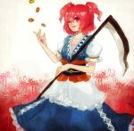  blush breasts bust cleavage coin flower hair_bobbles hair_ornament japanese_clothes money onozuka_komachi red_eyes red_hair redhead scythe short_hair skirt smile solo spider_lily touhou twintails yujup 
