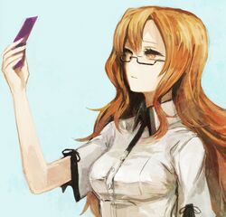  brown_hair bust cellphone glasses kiryuu_moeka kuromu_(kaeru) long_hair phone solo steins;gate 