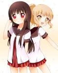  2girls :o alternate_hairstyle back-to-back black_hair blonde_hair brown_eyes cowboy_shot hair_ornament highres hime_cut long_hair looking_at_viewer looking_back matsumoto_rise multiple_girls mushuu oomuro_sakurako open_mouth ponytail red_eyes school_uniform serafuku short_hair short_sleeves standing yuru_yuri 