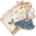  alice_margatroid bad_id blonde_hair blue_eyes boots butterfly capelet cross-laced_footwear dress hairband lace-up_boots lips short_hair sitting smile solo touhou yujup 