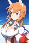  animal_ears blue_eyes breasts bunny_ears charlotte_e_yeager cleavage commentary crop_top cropped_jacket helmet jacket large_breasts long_hair midriff orange_hair red_hair shimada_fumikane solo strike_witches 