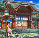  2girls album_cover animal animal_ears barefoot bird black_hair building bunny_ears bunny_tail cloud cover dress duck east_asian_architecture ema fence flower garden grass highres house inaba_tewi jewelry kirisame_marisa lantern multiple_girls necklace outdoors pink_dress ranka_(tonbo) red_eyes ribbon scenery short_hair shrine sky smile solo stairs tail touhou tree wooden_lantern 
