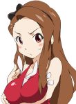  :&lt; bare_shoulders blush breast_hold breast_padding breasts brown_hair bust face forehead frown hairband idolmaster long_hair minase_iori red_eyes simple_background solo sweatdrop umanosuke 