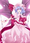  absurdres ascot bat_wings blue_hair blush brooch chain chains dress fangs hat highres jewelry kurono_yuzuko nail_polish open_mouth pink_dress red_eyes remilia_scarlet short_hair solo touhou wings wrist_cuffs 