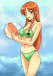  1girl beachball bikini blue_eyes braid breasts cleavage cute green_bikini highres hong_meiling long_hair navel open_mouth red_hair redhead shino-puchihebi sideboob smile solo swimsuit team_shanghai_alice touhou twin_braids 