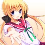  blonde_hair blue_eyes blush bow chiri_(atlanta) gradient gradient_background hair_bow hands kuu_(agekichi) long_hair open_mouth original outstretched_arm outstretched_hand school_uniform smile solo twintails 