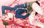  bowtie fallen_down food food_themed_clothes fruit fruit_background highres kuromaru9 long_hair looking_at_viewer lying on_back original panties pantyshot pantyshot_(lying) personification pink_background pink_hair pink_panties pleated_skirt polka_dot print_legwear red_eyes red_hair redhead school_uniform skirt solo strawberry strawberry_print striped striped_panties thigh-highs thighhighs twintails underwear wallpaper wavy_mouth wince wink zettai_ryouiki 